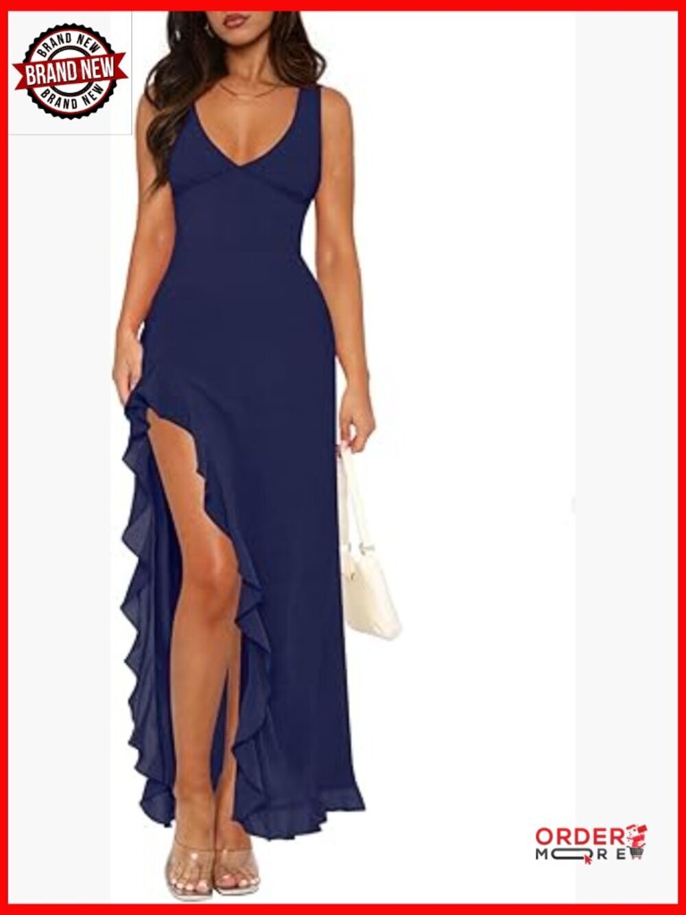Sexy V Neck Mesh Ruffles Hem High Slit Bodycon Maxi Dress Formal